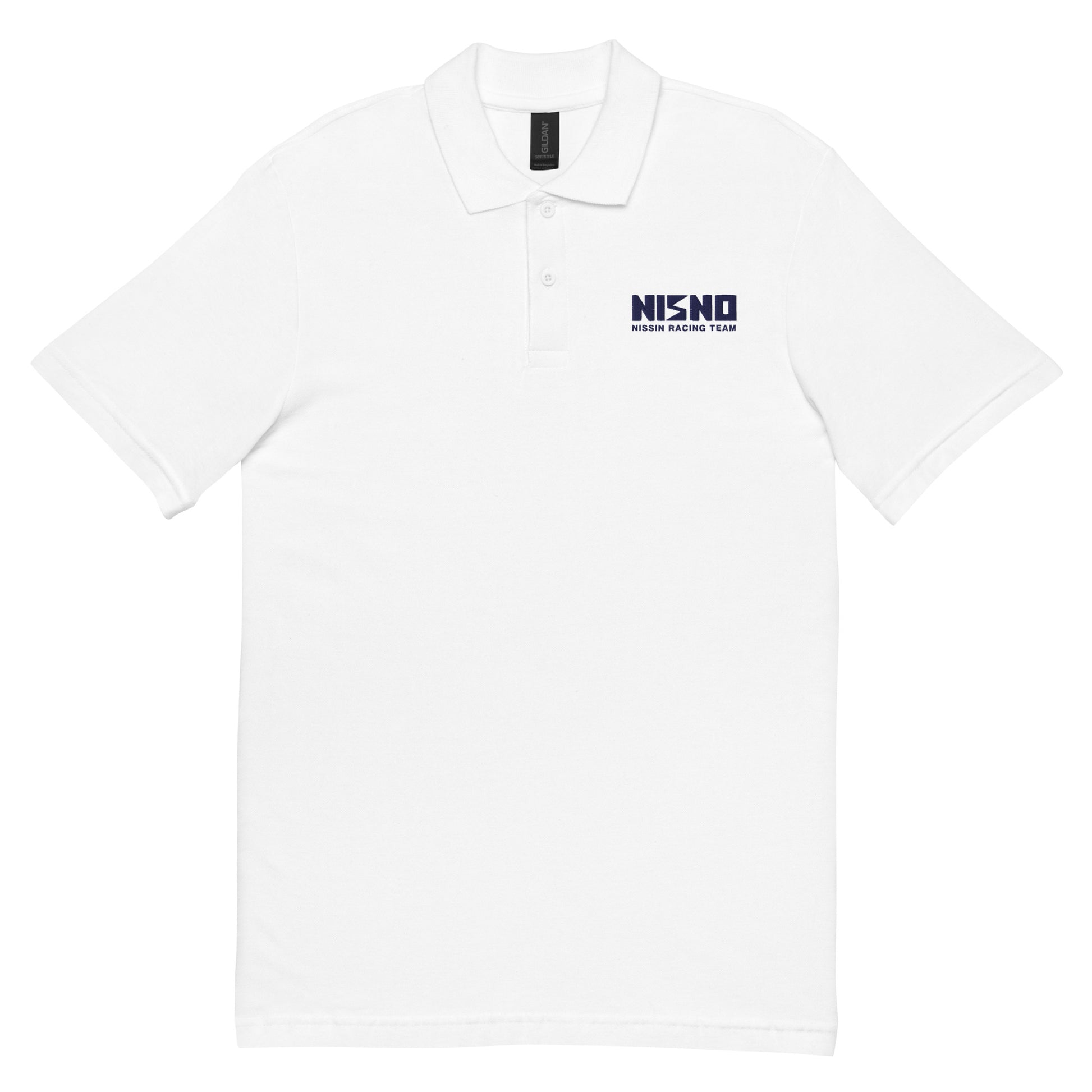 Close-up of the white 'NISNO' embroidered polo shirt, a tribute to Iketani's iconic misspelling of NISMO from Initial D. Showcases the crisp collar and detailed stitching of the logo.